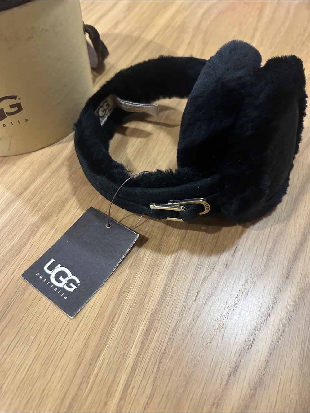 UGG Black Shearling Sheepskin and Genuine Leather Earmuffs